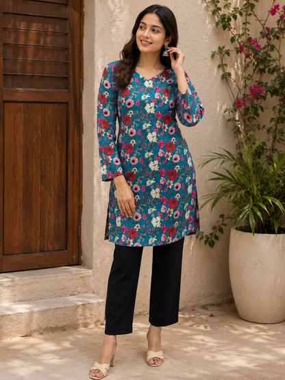 Teal Blue Floral Printed Short Kurti | Rayon | Back Dori | Naarikaa