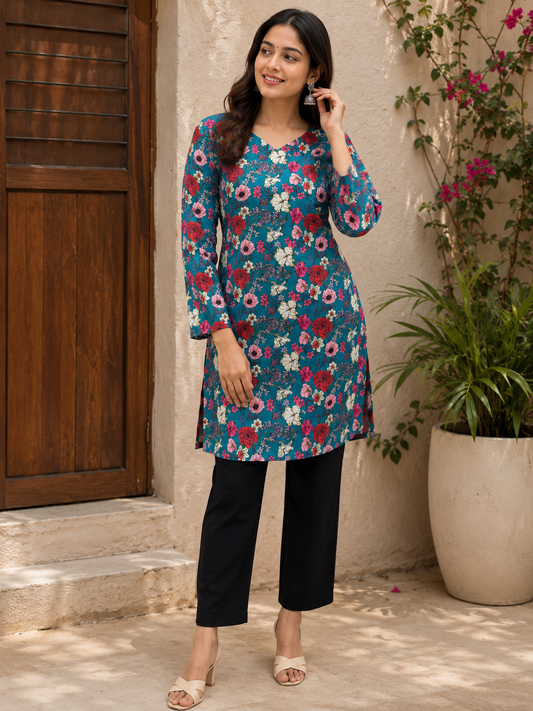 Teal Blue Floral Printed Short Kurti | Rayon | Back Dori | Naarikaa