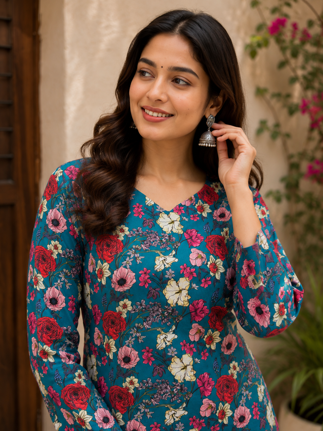 Teal Blue Floral Printed Short Kurti | Rayon | Back Dori | Naarikaa