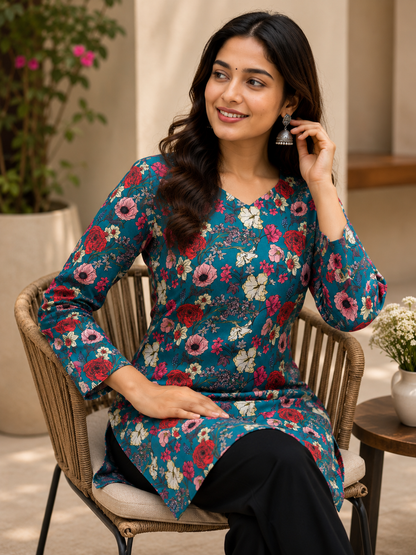 Teal Blue Floral Printed Short Kurti | Rayon | Back Dori | Naarikaa