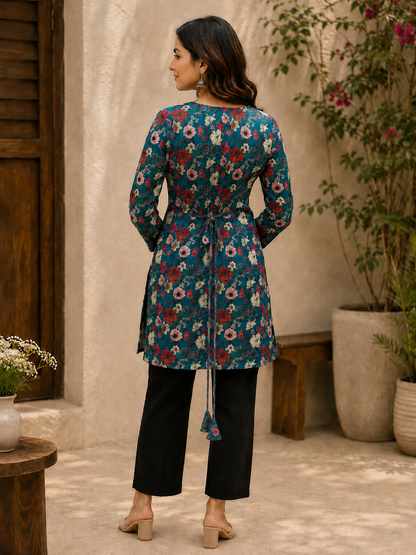 Teal Blue Floral Printed Short Kurti | Rayon | Back Dori | Naarikaa