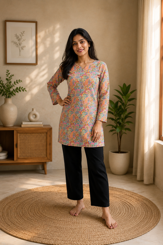 Multicolor Paisley Printed Short Kurti | Rayon | Back Lace-Up Detail | Naarikaa