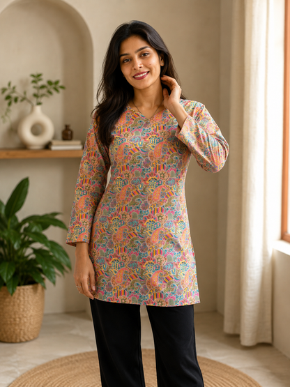 Multicolor Paisley Printed Short Kurti | Rayon | Back Lace-Up Detail | Naarikaa