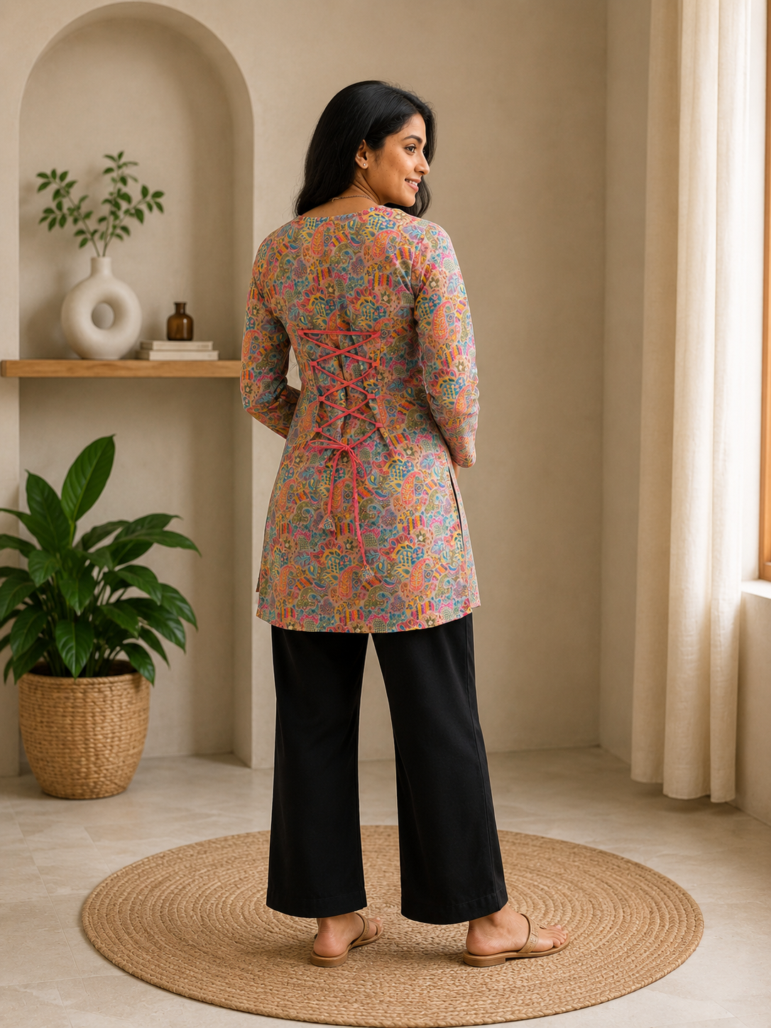 Multicolor Paisley Printed Short Kurti | Rayon | Back Lace-Up Detail | Naarikaa