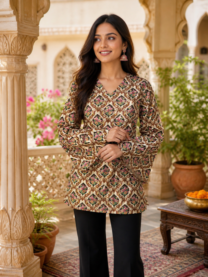 Beige Ethnic Printed Short Kurti |Rayon | Bell Sleeves & Back Lace-Up Detail | Naarikaa