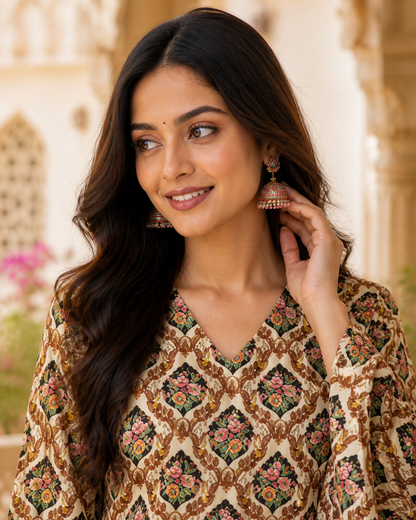 Beige Ethnic Printed Short Kurti |Rayon | Bell Sleeves & Back Lace-Up Detail | Naarikaa