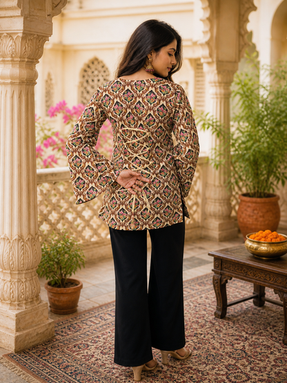 Beige Ethnic Printed Short Kurti |Rayon | Bell Sleeves & Back Lace-Up Detail | Naarikaa