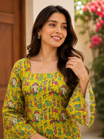 Yellow Kalamkari Printed Short Kurti | Rayon | Bell Sleeves & Back Lace-Up Detail | Naarikaa