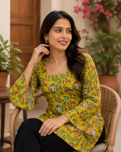 Yellow Kalamkari Printed Short Kurti | Rayon | Bell Sleeves & Back Lace-Up Detail | Naarikaa