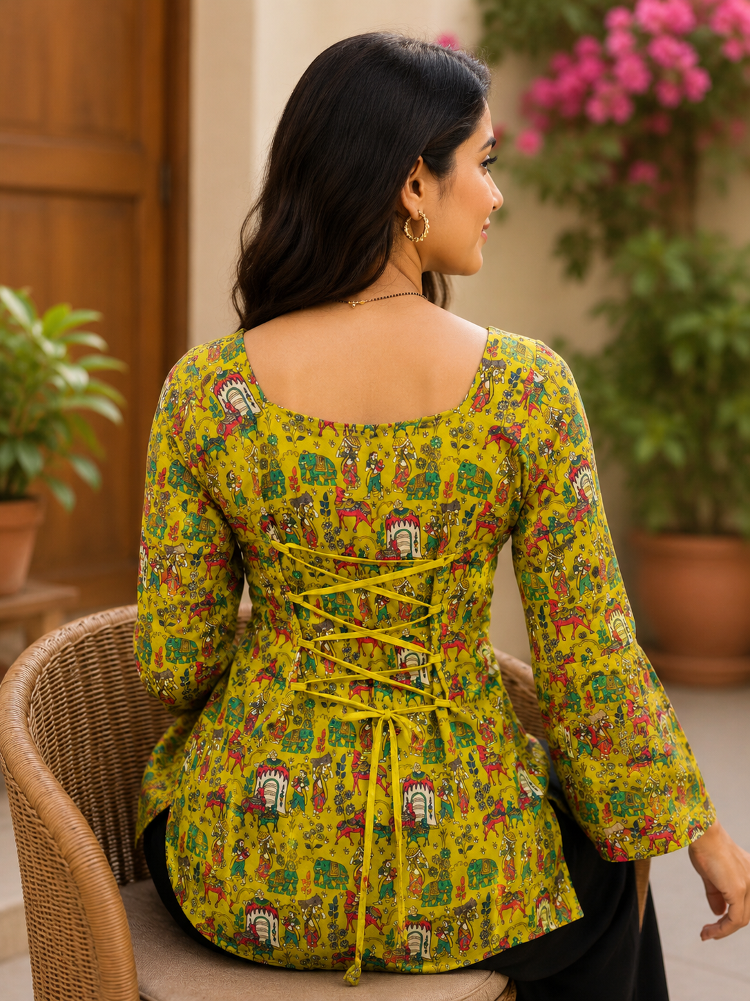 Yellow Kalamkari Printed Short Kurti | Rayon | Bell Sleeves & Back Lace-Up Detail | Naarikaa