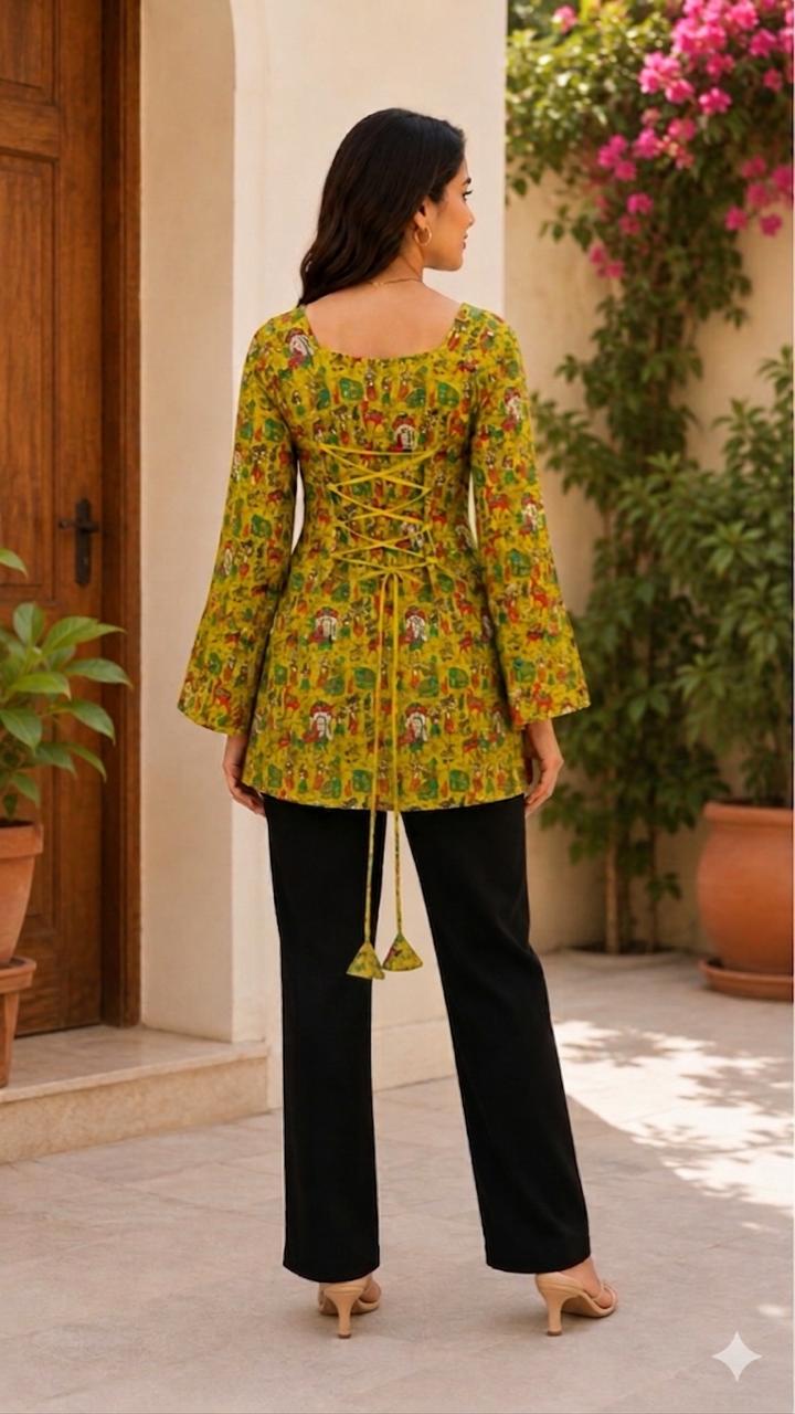 Yellow Kalamkari Printed Short Kurti | Rayon | Bell Sleeves & Back Lace-Up Detail | Naarikaa