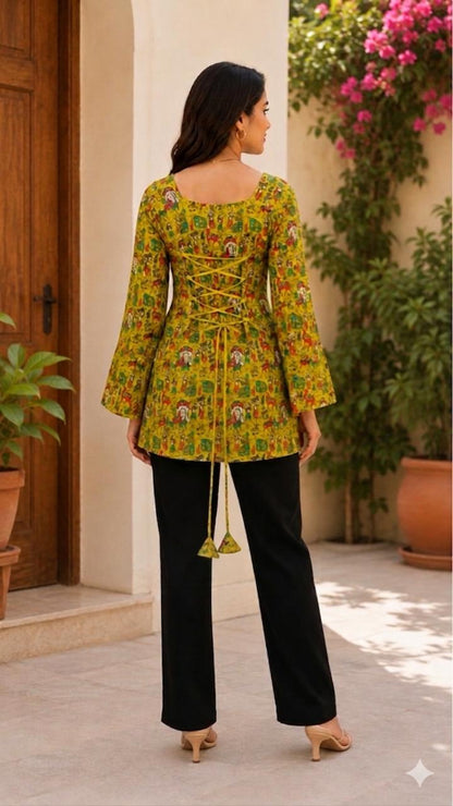 Yellow Kalamkari Printed Short Kurti | Rayon | Bell Sleeves & Back Lace-Up Detail | Naarikaa