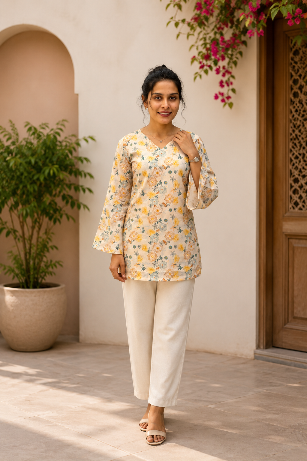 Cream Floral Printed Short Kurti | Rayon | Bell Sleeves & Back Lace-Up | Naarikaa