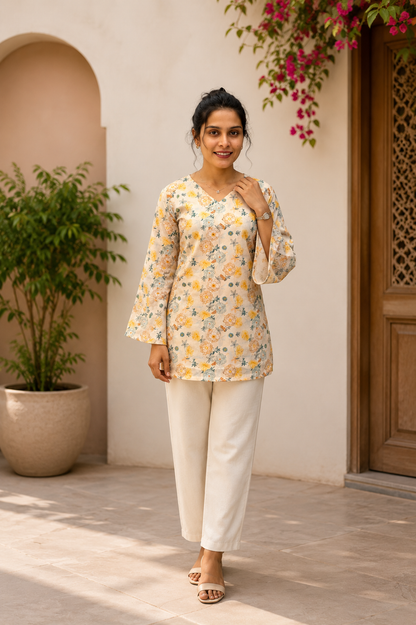Cream Floral Printed Short Kurti | Rayon | Bell Sleeves & Back Lace-Up | Naarikaa