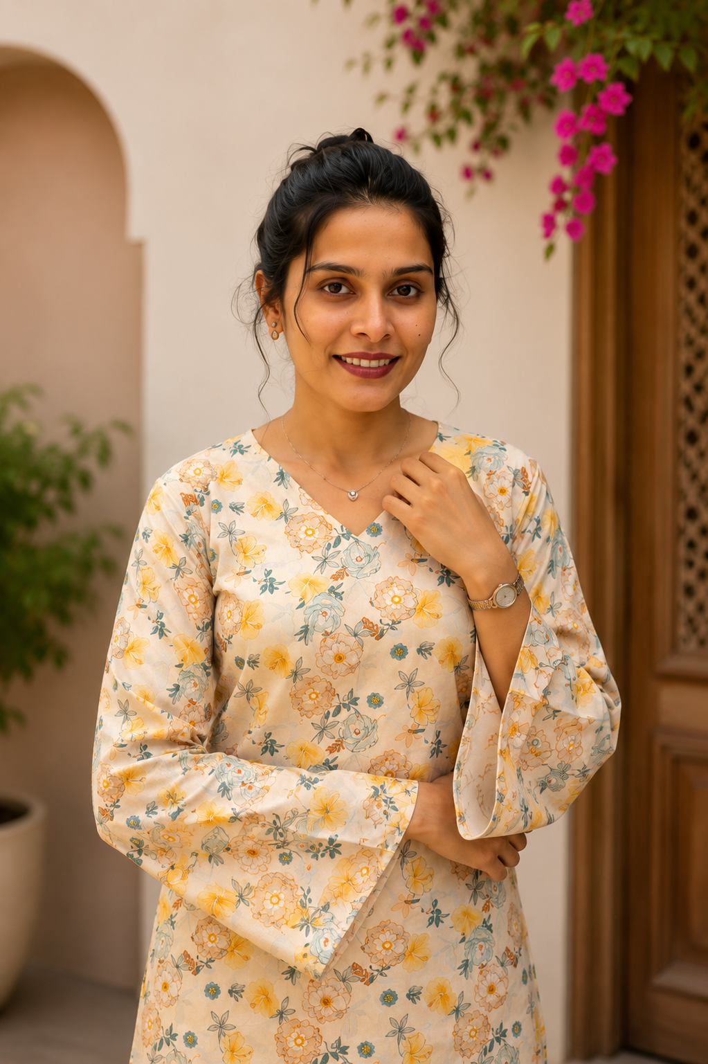 Cream Floral Printed Short Kurti | Rayon | Bell Sleeves & Back Lace-Up | Naarikaa
