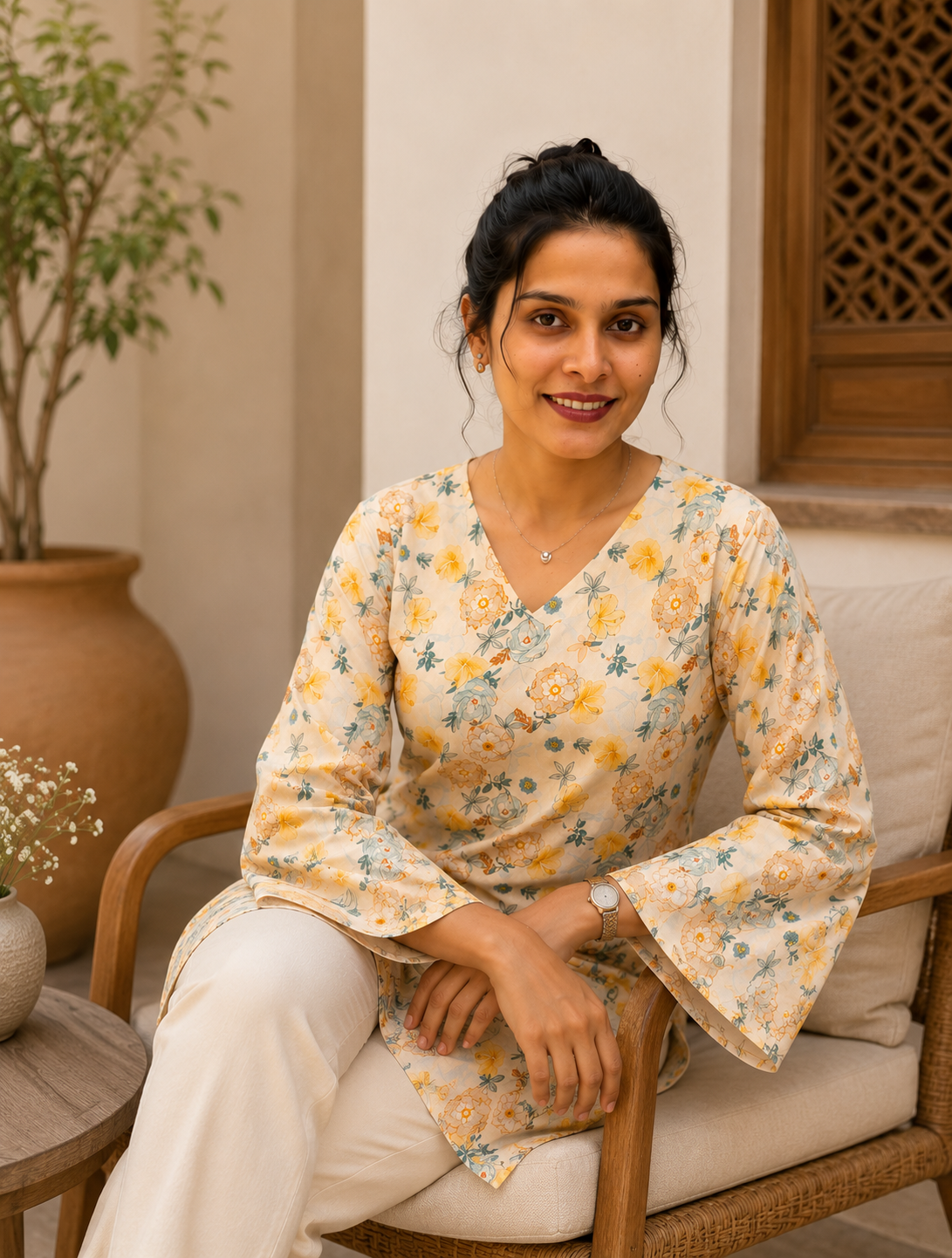 Cream Floral Printed Short Kurti | Rayon | Bell Sleeves & Back Lace-Up | Naarikaa