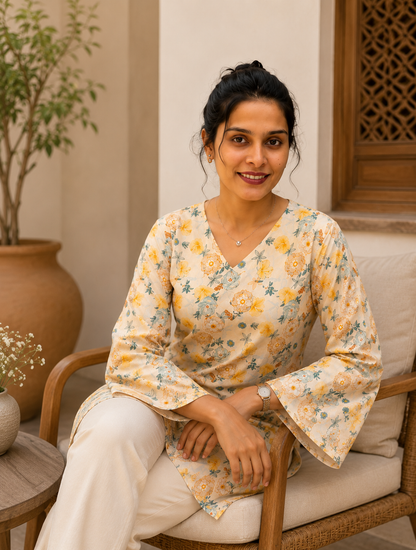 Cream Floral Printed Short Kurti | Rayon | Bell Sleeves & Back Lace-Up | Naarikaa