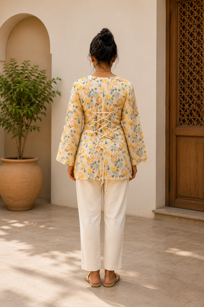 Cream Floral Printed Short Kurti | Rayon | Bell Sleeves & Back Lace-Up | Naarikaa