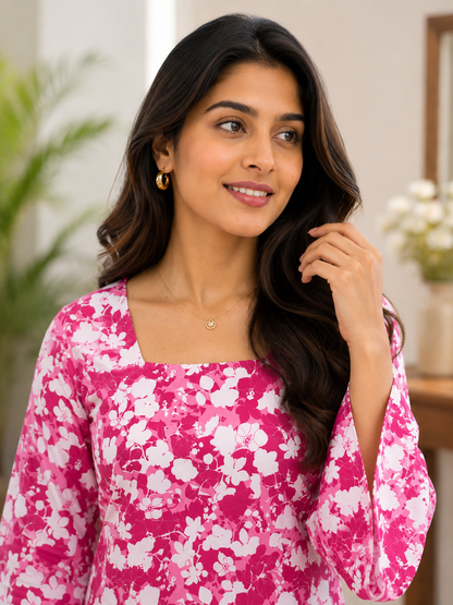 Petal Power Pink Short Kurti | Rayon | Flared Sleeves & Adjustable Corset Tie Back | Naarikaa