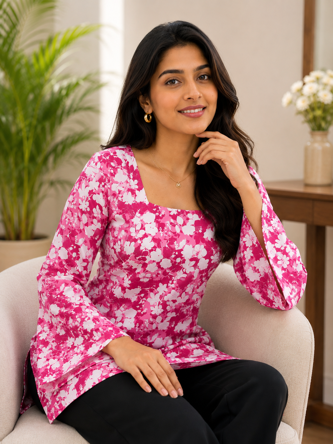 Petal Power Pink Short Kurti | Rayon | Flared Sleeves & Adjustable Corset Tie Back | Naarikaa