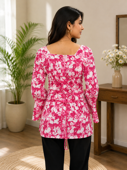 Petal Power Pink Short Kurti | Rayon | Flared Sleeves & Adjustable Corset Tie Back | Naarikaa