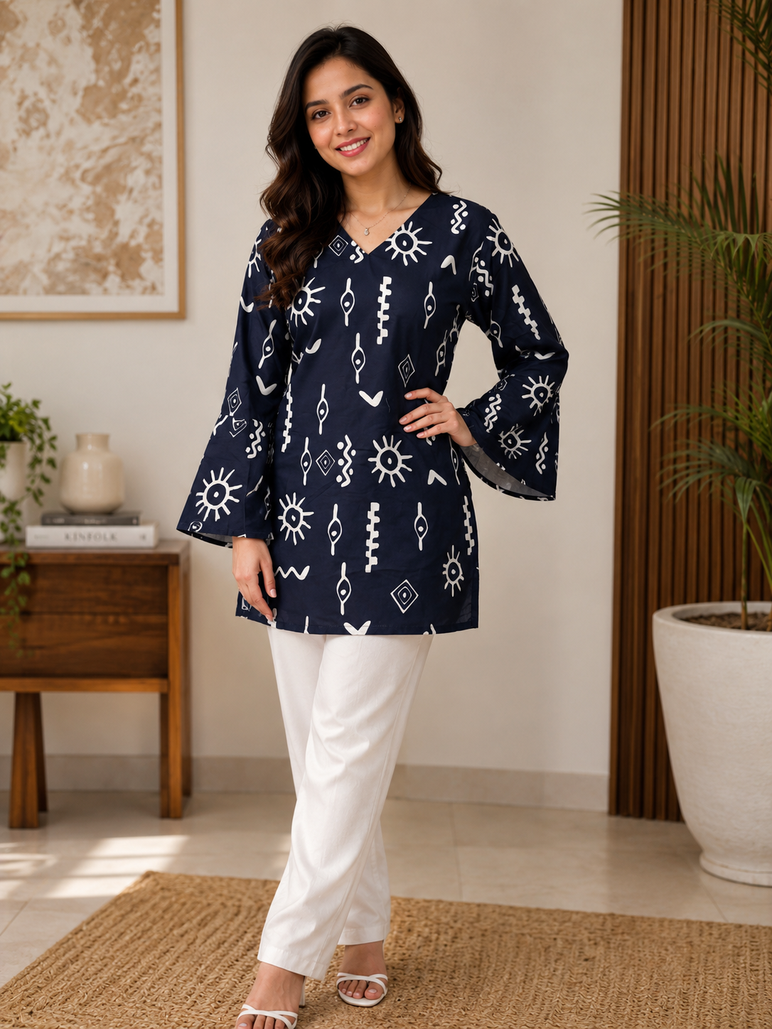 Navy Blue Tribal Motif Short Kurti | Rayon | Flared Bell Sleeves & Corset Lace-Up Back | Naarikaa