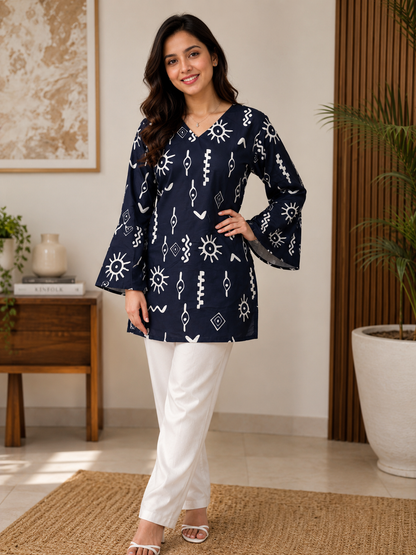 Navy Blue Tribal Motif Short Kurti | Rayon | Flared Bell Sleeves & Corset Lace-Up Back | Naarikaa
