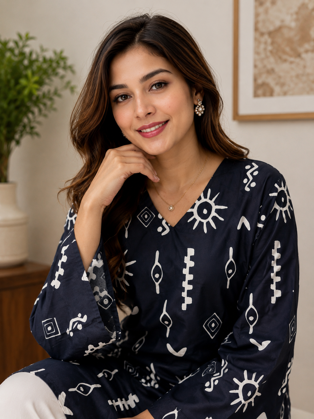 Navy Blue Tribal Motif Short Kurti | Rayon | Flared Bell Sleeves & Corset Lace-Up Back | Naarikaa