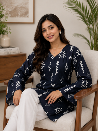 Navy Blue Tribal Motif Short Kurti | Rayon | Flared Bell Sleeves & Corset Lace-Up Back | Naarikaa
