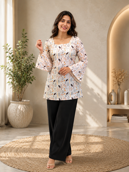Off-White Geometric Motif Short Kurti | Rayon | Flared Bell Sleeves & Corset Lace-Up Back | Naarikaa