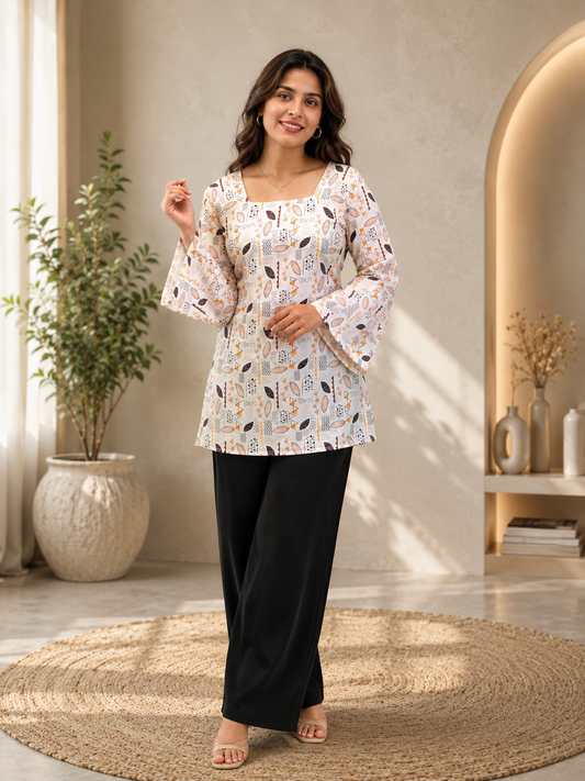 Off-White Geometric Motif Short Kurti | Rayon | Flared Bell Sleeves & Corset Lace-Up Back | Naarikaa