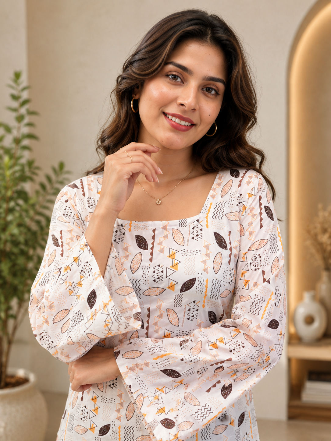 Off-White Geometric Motif Short Kurti | Rayon | Flared Bell Sleeves & Corset Lace-Up Back | Naarikaa