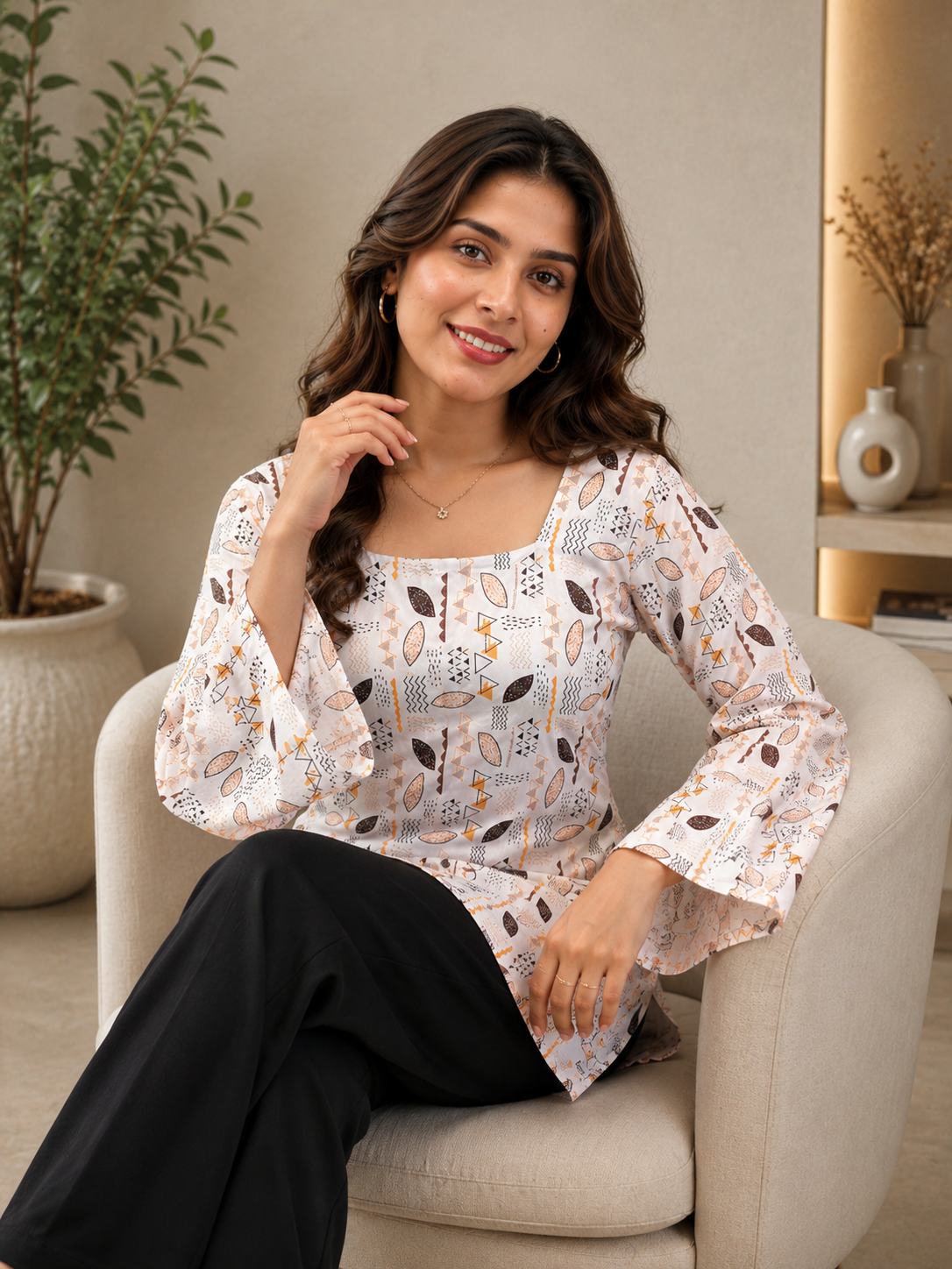 Off-White Geometric Motif Short Kurti | Rayon | Flared Bell Sleeves & Corset Lace-Up Back | Naarikaa