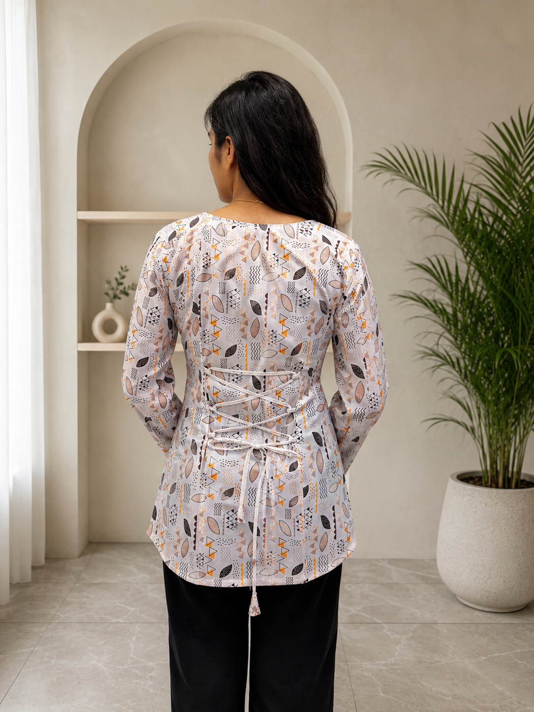 Off-White Geometric Motif Short Kurti | Rayon | Flared Bell Sleeves & Corset Lace-Up Back | Naarikaa