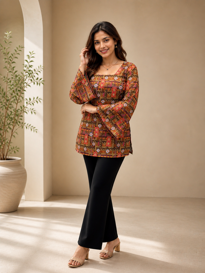 Rust Brown Kalamkari Motif Short Kurti | Rayon | Flared Bell Sleeves & Corset Lace-Up Back | Naarikaa