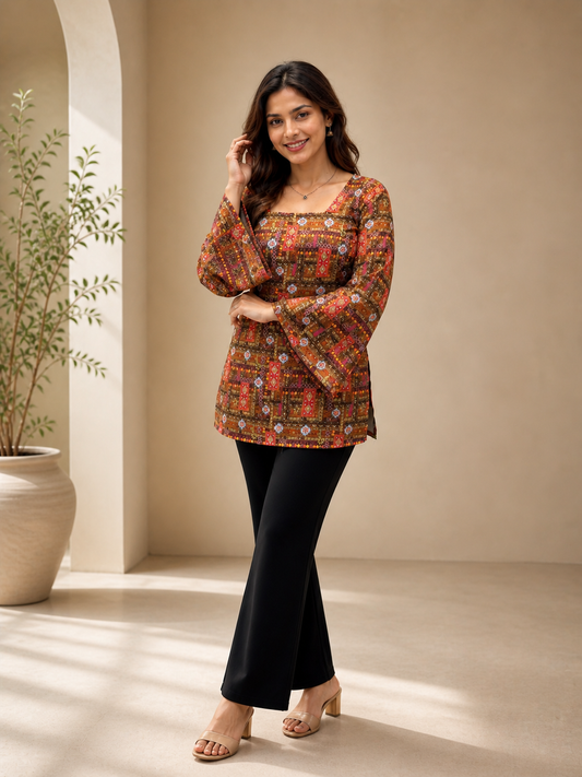 Rust Brown Kalamkari Motif Short Kurti | Rayon | Flared Bell Sleeves & Corset Lace-Up Back | Naarikaa