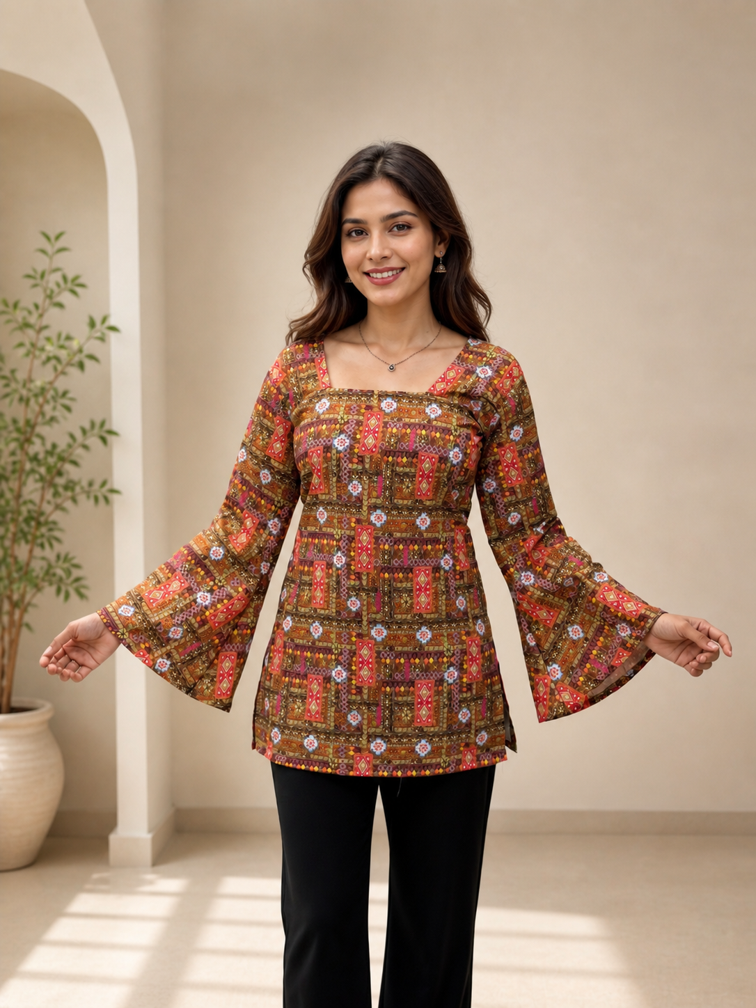 Rust Brown Kalamkari Motif Short Kurti | Rayon | Flared Bell Sleeves & Corset Lace-Up Back | Naarikaa
