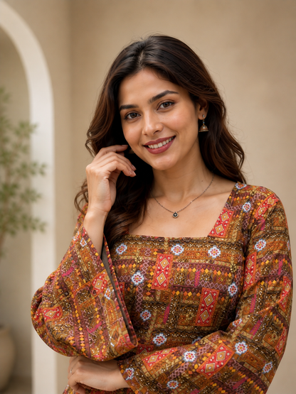 Rust Brown Kalamkari Motif Short Kurti | Rayon | Flared Bell Sleeves & Corset Lace-Up Back | Naarikaa