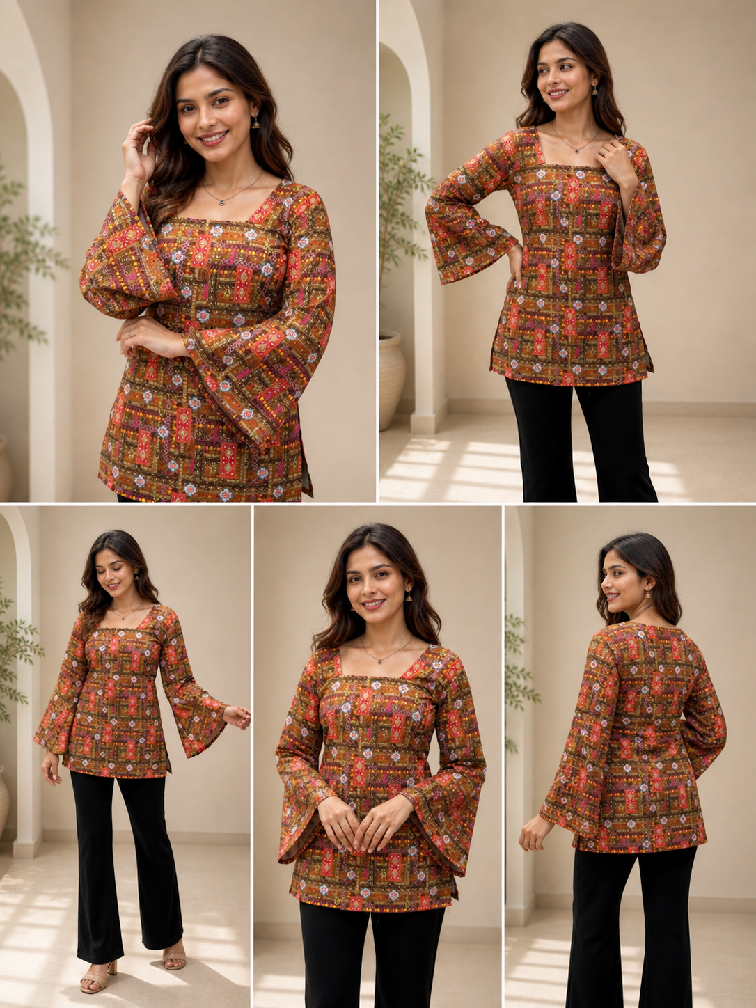 Rust Brown Kalamkari Motif Short Kurti | Rayon | Flared Bell Sleeves & Corset Lace-Up Back | Naarikaa