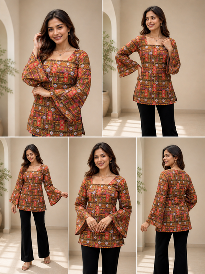 Rust Brown Kalamkari Motif Short Kurti | Rayon | Flared Bell Sleeves & Corset Lace-Up Back | Naarikaa