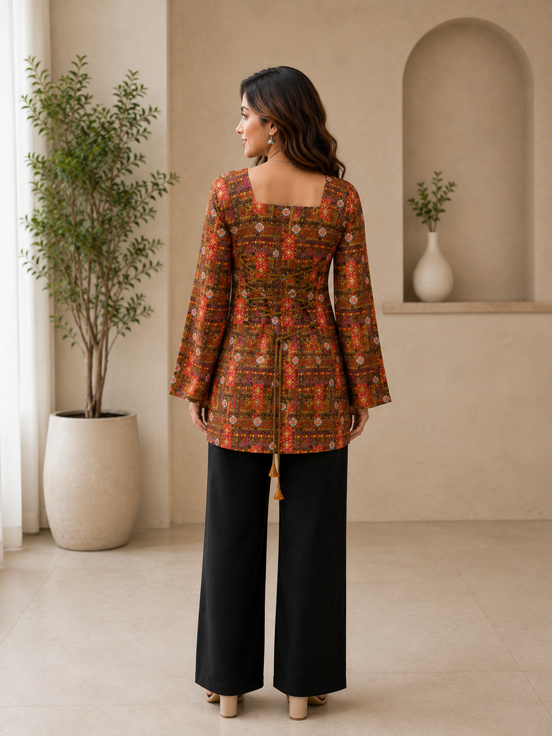 Rust Brown Kalamkari Motif Short Kurti | Rayon | Flared Bell Sleeves & Corset Lace-Up Back | Naarikaa