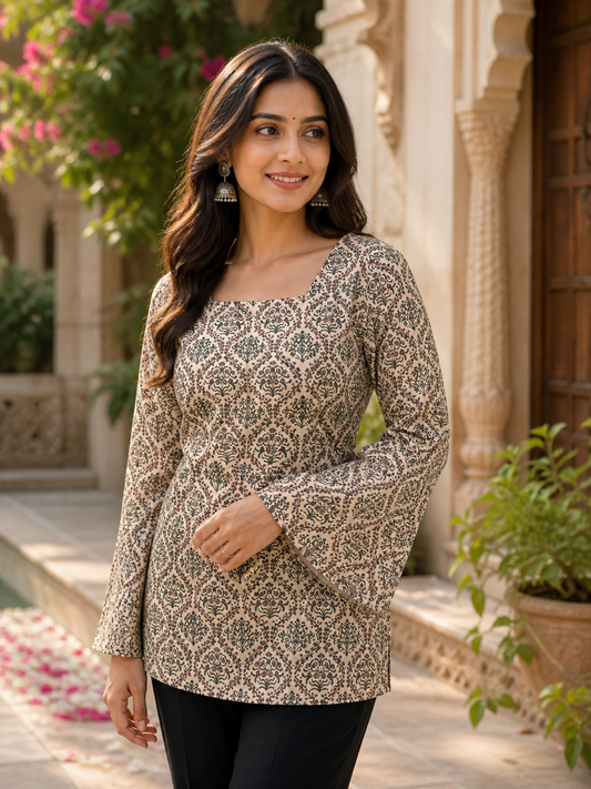 Beige Block Print Motif Short Kurti |Rayon | Flared Bell Sleeves & Corset Lace-Up Back | Naarikaa