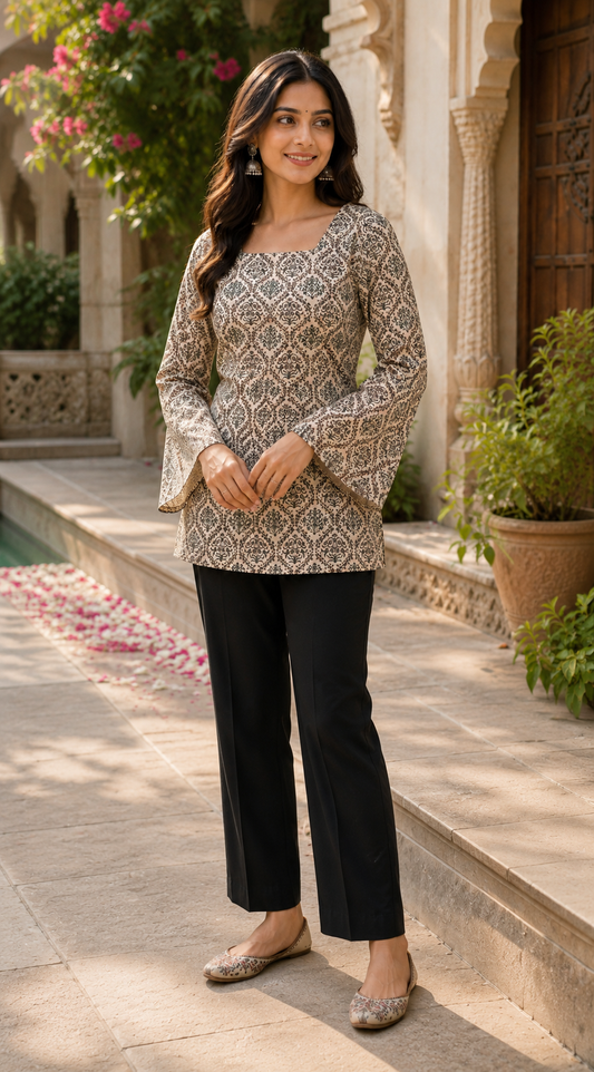 Beige Block Print Motif Short Kurti |Rayon | Flared Bell Sleeves & Corset Lace-Up Back | Naarikaa