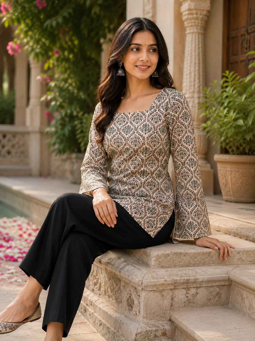 Beige Block Print Motif Short Kurti |Rayon | Flared Bell Sleeves & Corset Lace-Up Back | Naarikaa