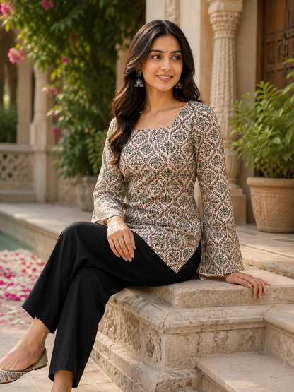 Beige Block Print Motif Short Kurti |Rayon | Flared Bell Sleeves & Corset Lace-Up Back | Naarikaa