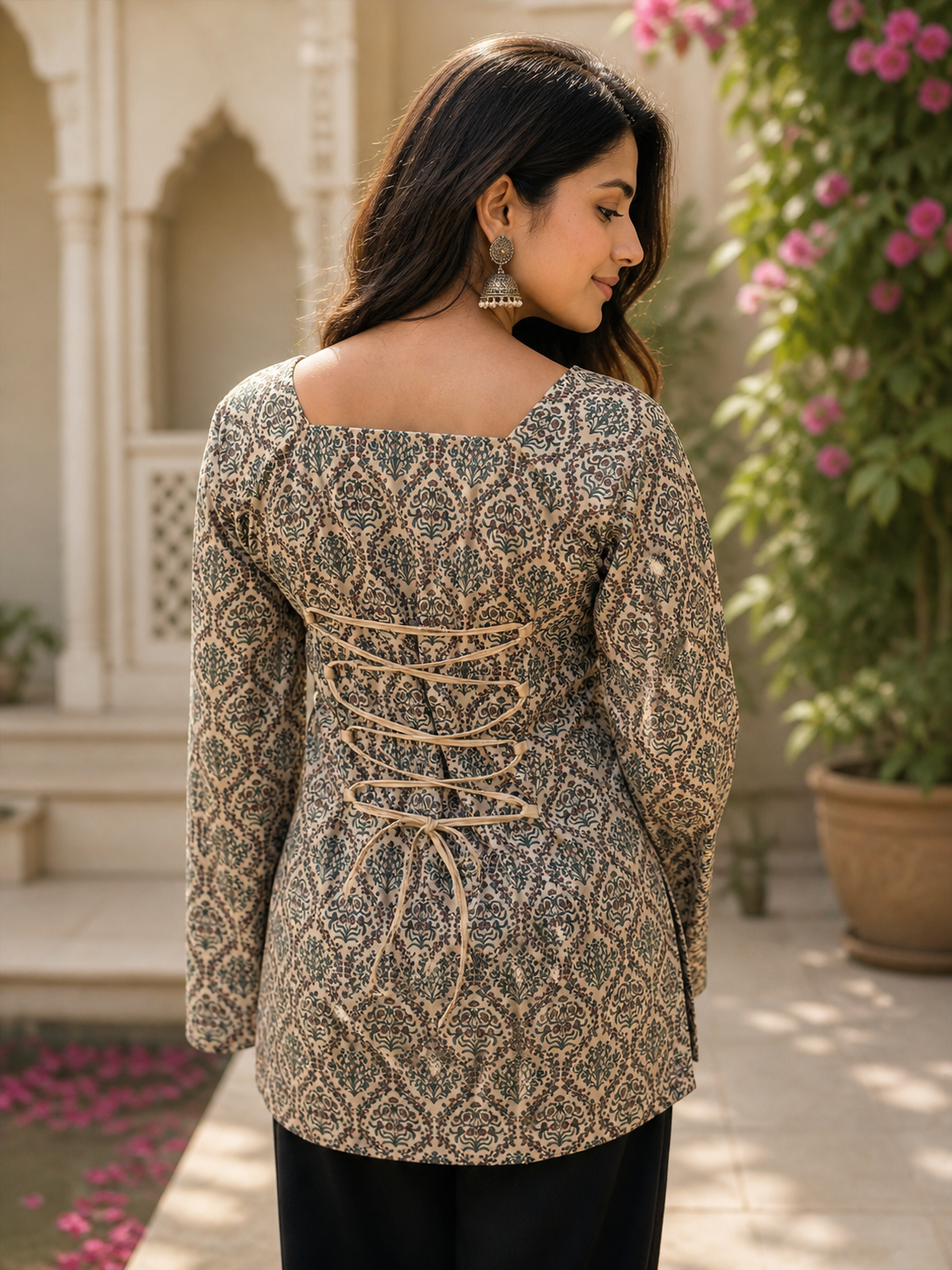 Beige Block Print Motif Short Kurti |Rayon | Flared Bell Sleeves & Corset Lace-Up Back | Naarikaa
