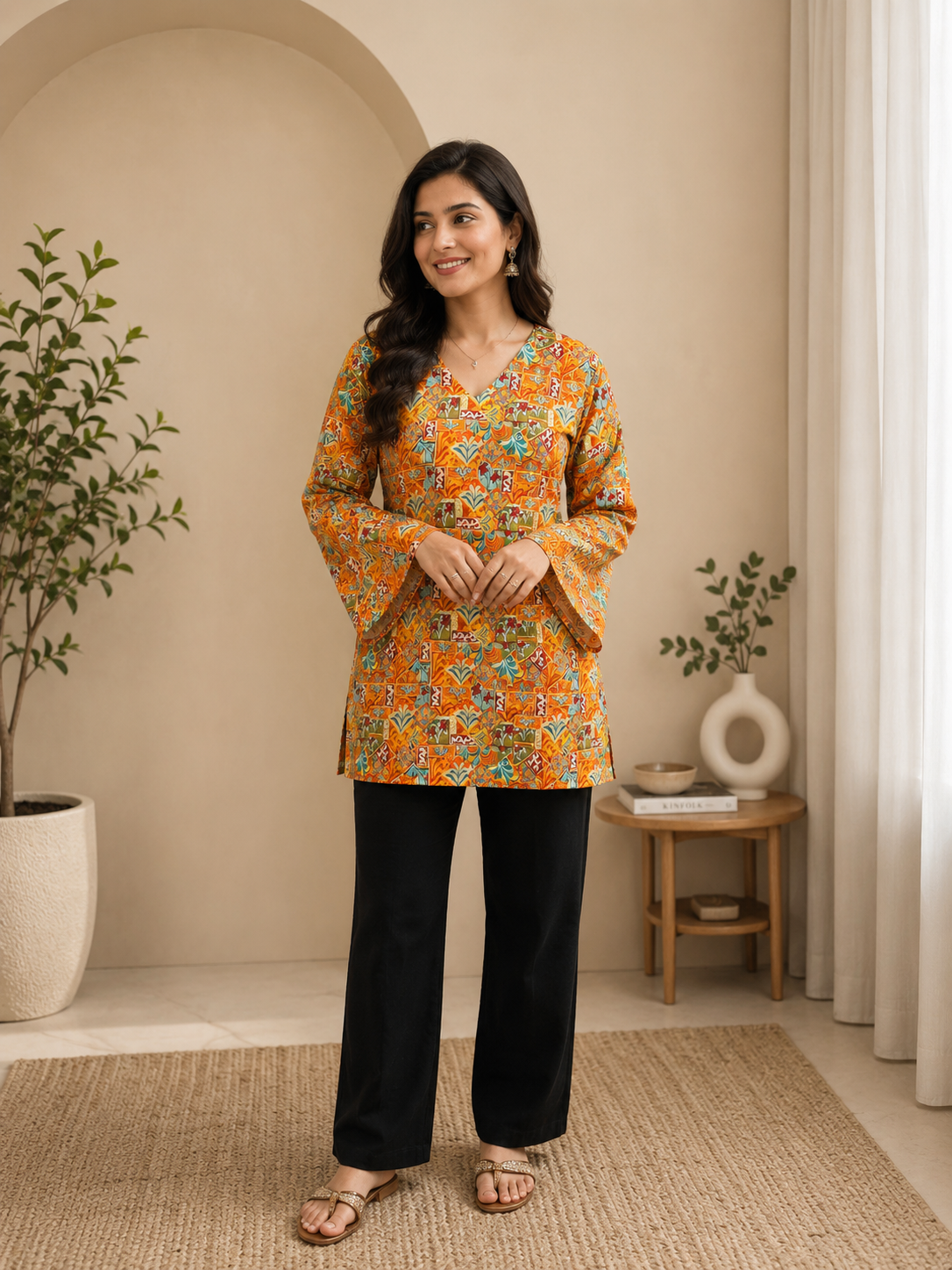 Orange-Mustard Abstract Jaal Print Short Kurti | Rayon | V-Neck, Bell Sleeves & Corset Lace-Up Back | Naarikaa