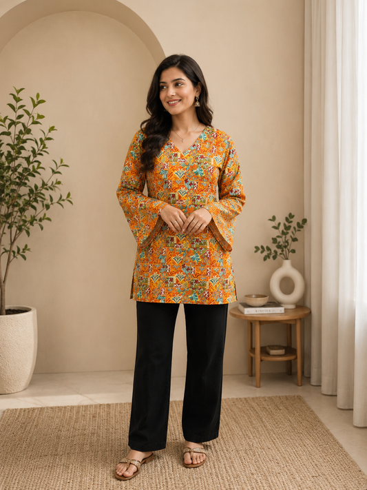 Orange-Mustard Abstract Jaal Print Short Kurti | Rayon | V-Neck, Bell Sleeves & Corset Lace-Up Back | Naarikaa