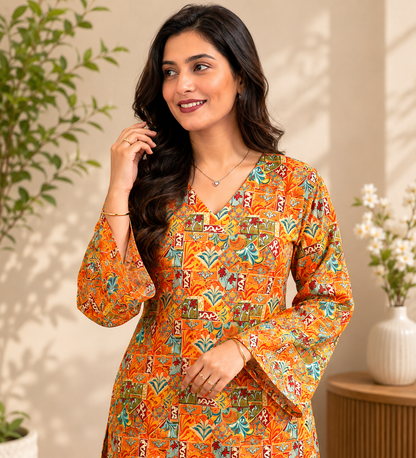 Orange-Mustard Abstract Jaal Print Short Kurti | Rayon | V-Neck, Bell Sleeves & Corset Lace-Up Back | Naarikaa