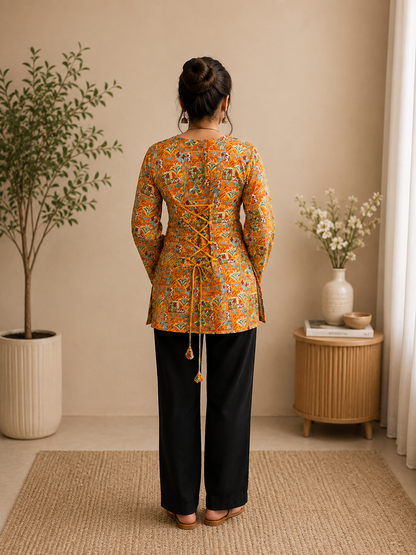 Orange-Mustard Abstract Jaal Print Short Kurti | Rayon | V-Neck, Bell Sleeves & Corset Lace-Up Back | Naarikaa